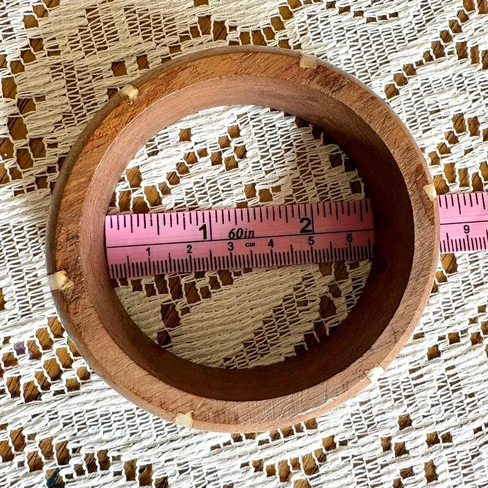 Vintage Wood Bangle Bracelet Cream Inlay Stripes Statement Bohemian Chunky Retro